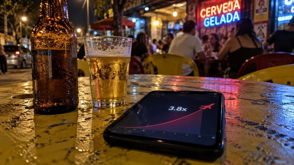 Aviator no celular em um boteco, multiplicador 3,8x