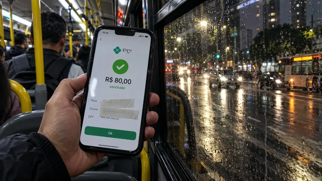 Comprovante de PIX no ônibus, chave e CPF cobertos
