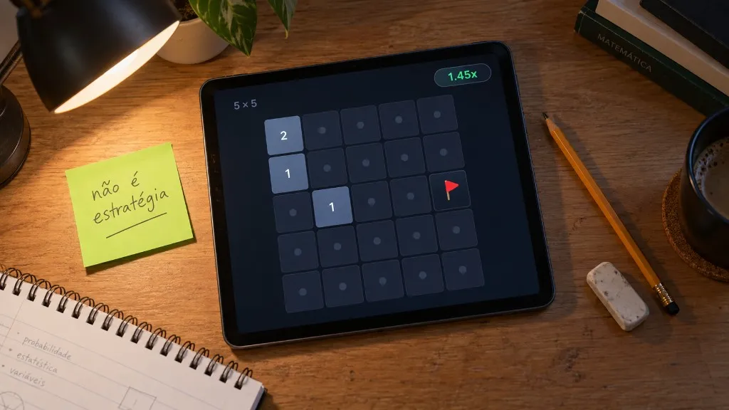 Campo de Mines no tablet, multiplicador 1,45x, recado não é estratégia